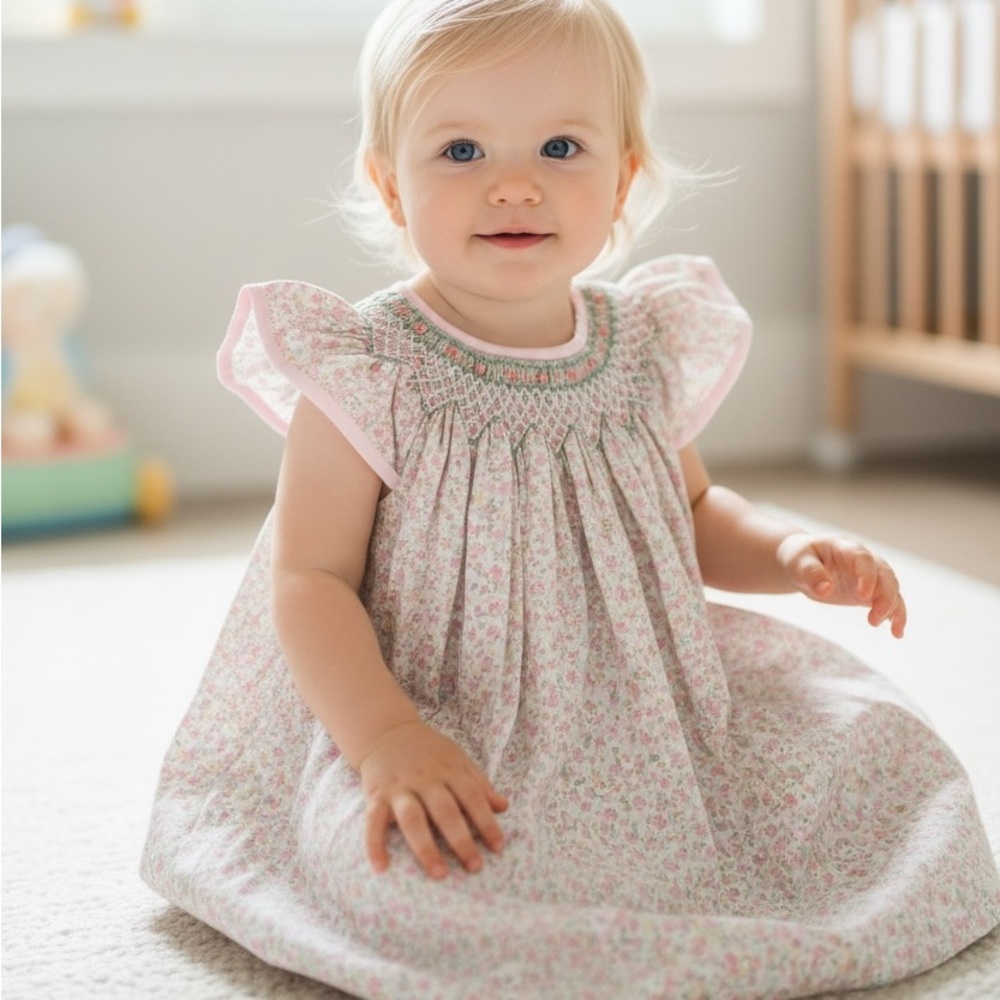 Petit Ami Pink Floral Smocked Baby Dress with Flutter Sleeves 3T
